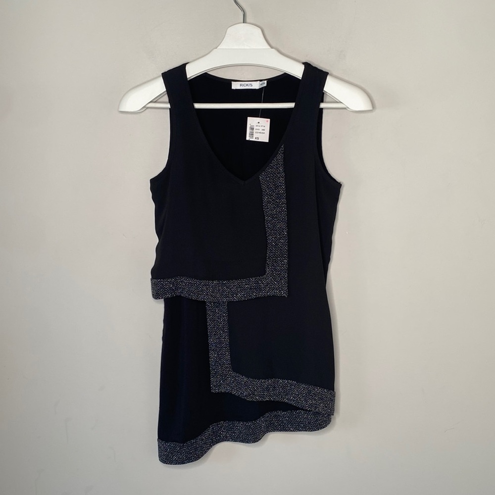 NWT Ricki’s Black and Metallic Thread Panel Layered Sleeveless Blouse